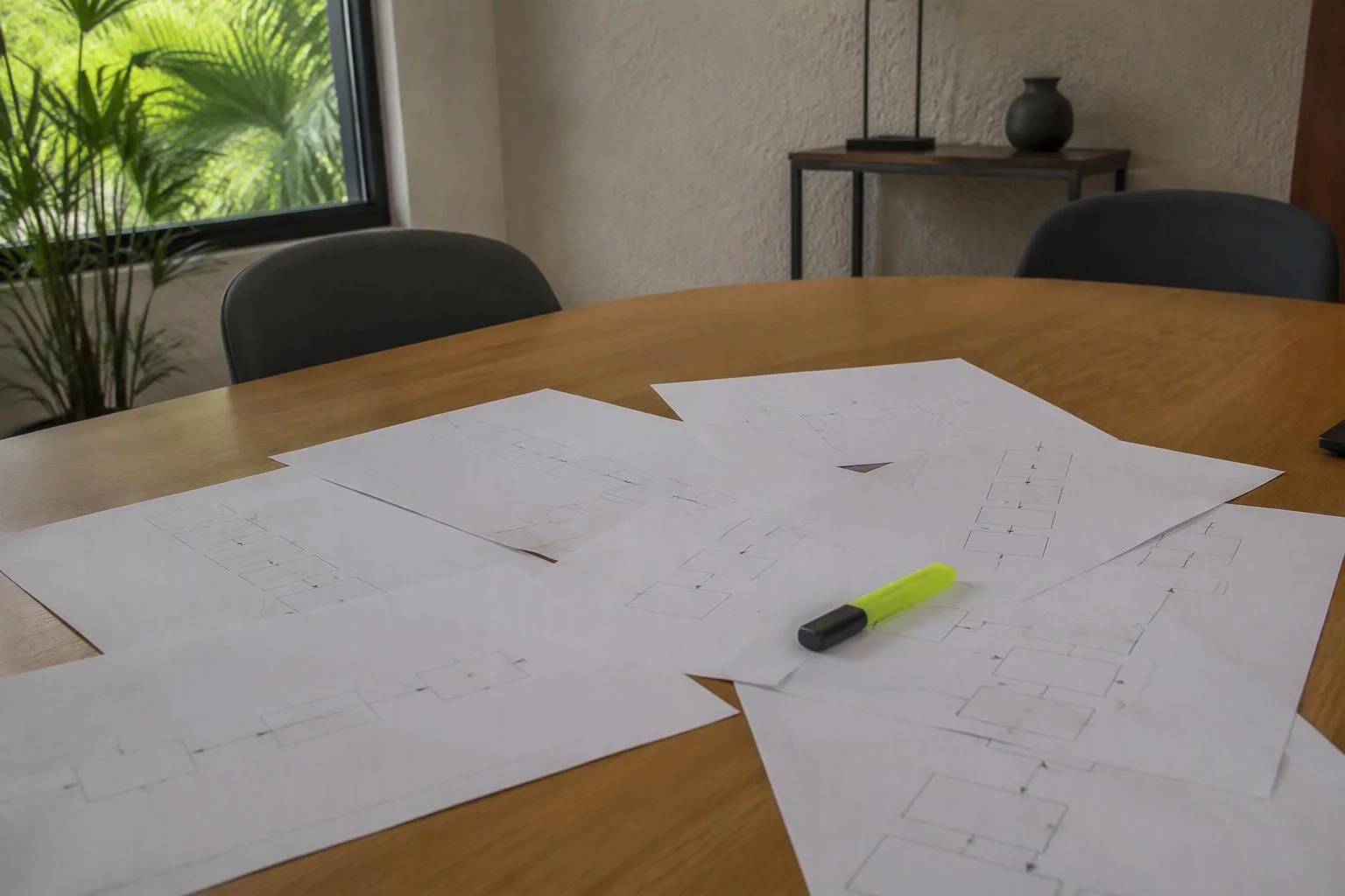 Folhas da trilha de formação espalhadas sobre a mesa de reunião