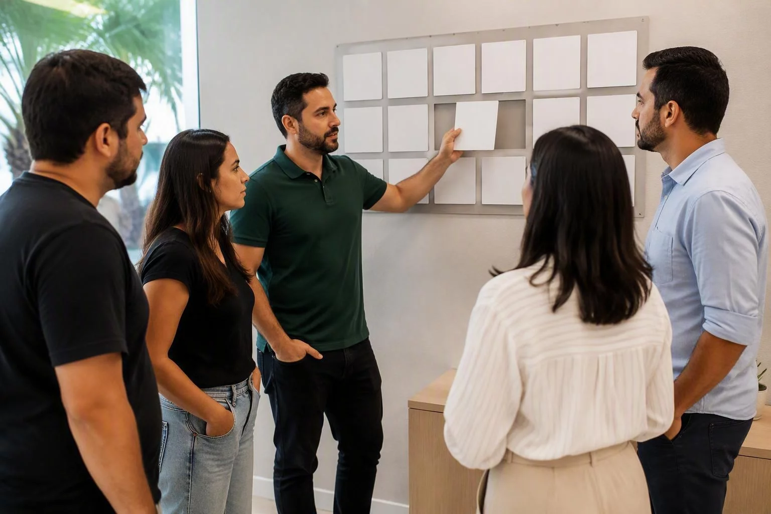 Equipe reunida em pé ao redor de um quadro de funções