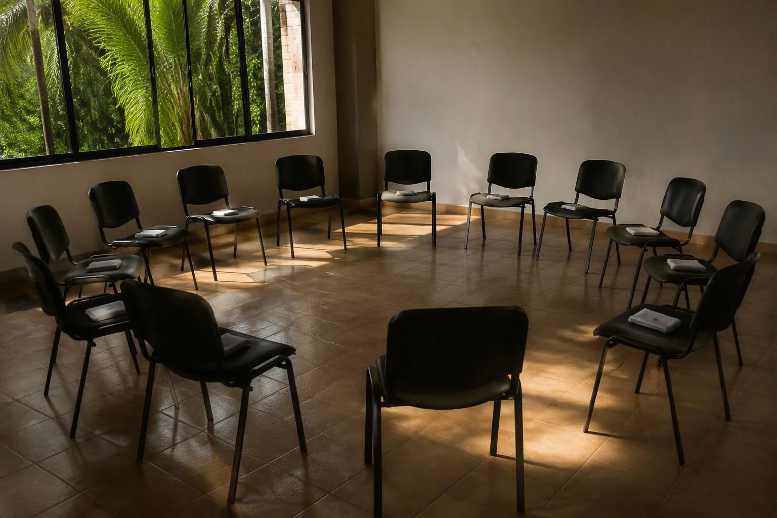Cadeiras em círculo preparadas para um encontro de turma
